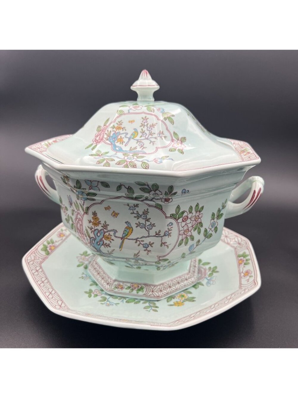 Adams Calyx Ware Singapore Bird Soup Tureen Older Backstamp w/ Lid & Under plate